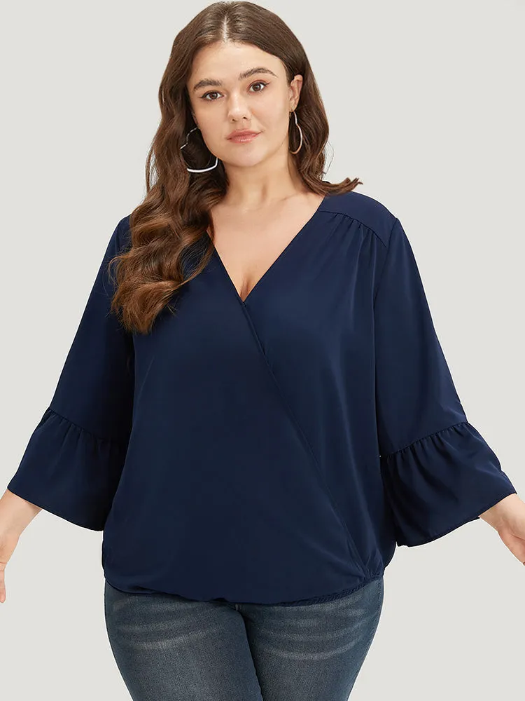 Anti-Wrinkle Plain Surplice Neck Bell Sleeve Blouse sold by Bloomchic product image thumbnail 4