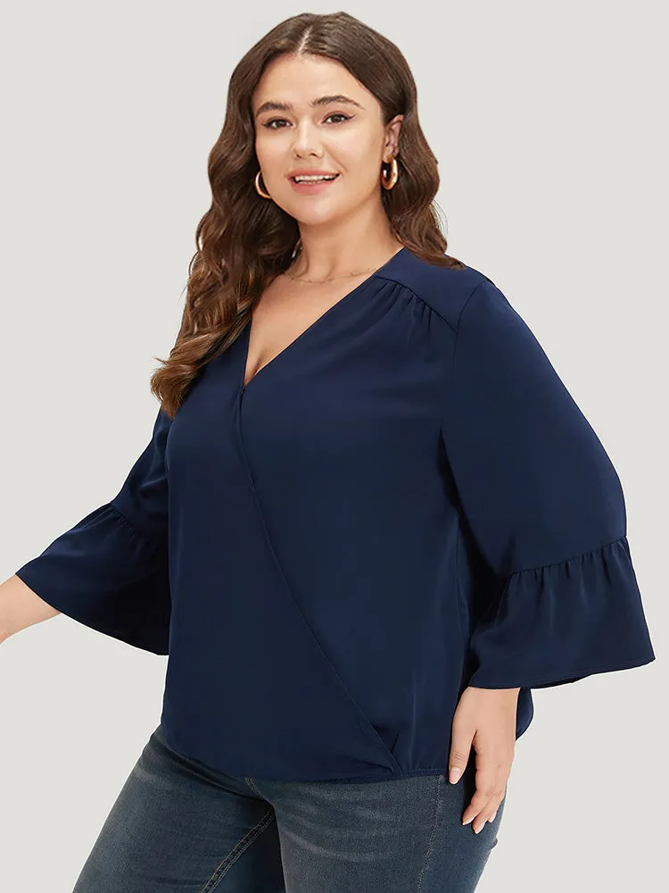 Anti-Wrinkle Plain Surplice Neck Bell Sleeve Blouse sold by Bloomchic product image thumbnail 2