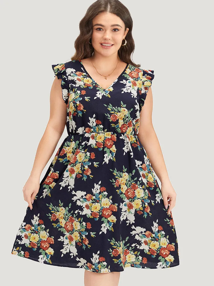 Pixel Flower Print Ruffle Cap Sleeve Pocket Dress sold by Bloomchic product image thumbnail 3