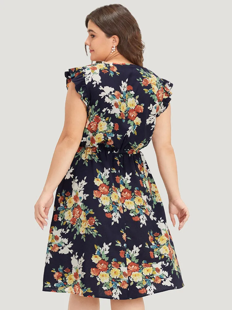 Pixel Flower Print Ruffle Cap Sleeve Pocket Dress sold by Bloomchic product image thumbnail 4