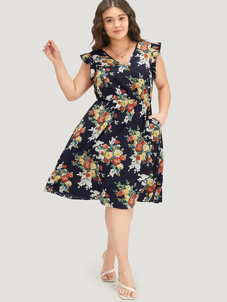 Pixel Flower Print Ruffle Cap Sleeve Pocket Dress sold by Bloomchic
