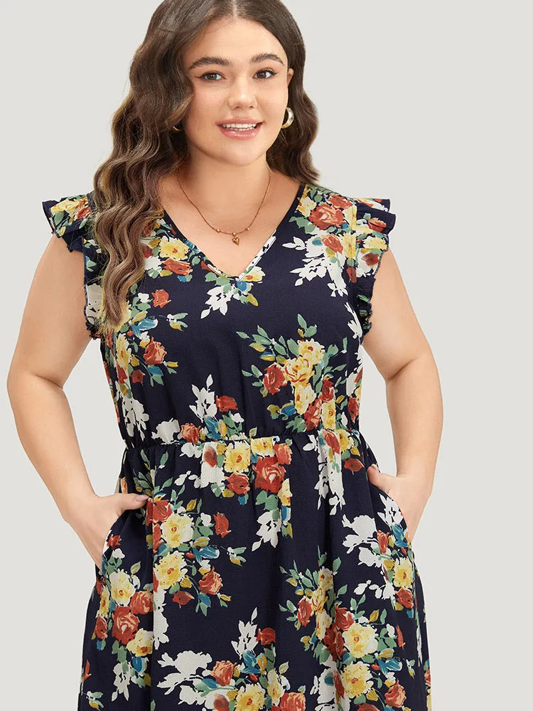 Pixel Flower Print Ruffle Cap Sleeve Pocket Dress sold by Bloomchic product image thumbnail 5