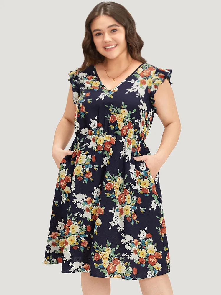 Pixel Flower Print Ruffle Cap Sleeve Pocket Dress sold by Bloomchic product image thumbnail 2