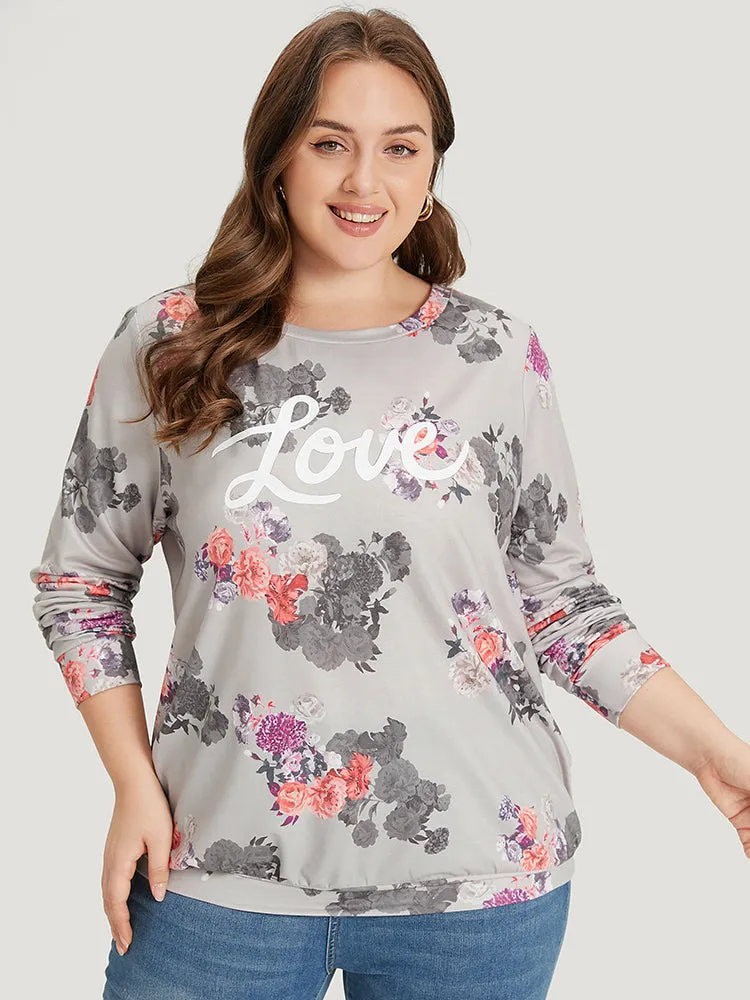 Letter & Floral Print Crew Neck Sweatshirt sold by Bloomchic