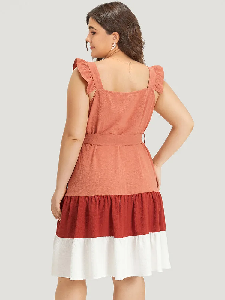 Contrast Ruffles Pocket Belted Square Neck Cami Dress sold by Bloomchic product image thumbnail 4