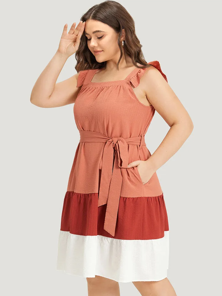 Contrast Ruffles Pocket Belted Square Neck Cami Dress sold by Bloomchic