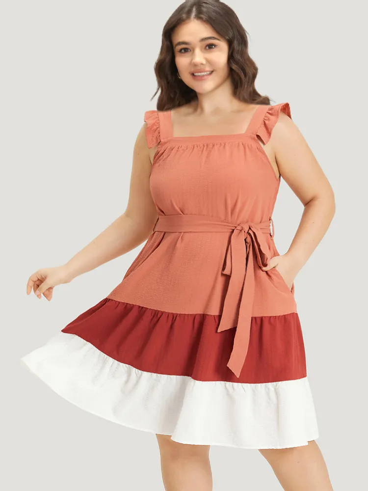 Contrast Ruffles Pocket Belted Square Neck Cami Dress sold by Bloomchic product image thumbnail 2
