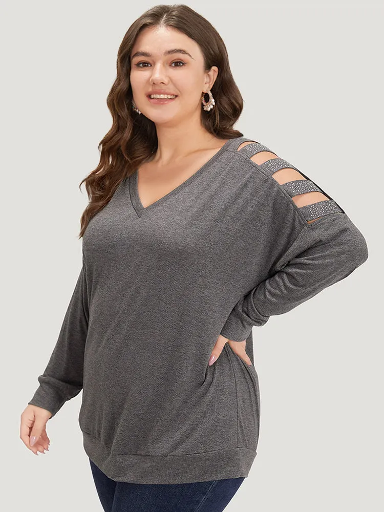 Rhinestone Detail Hollow Out V Neck Long Sleeve T-shirt sold by Bloomchic product image thumbnail 3