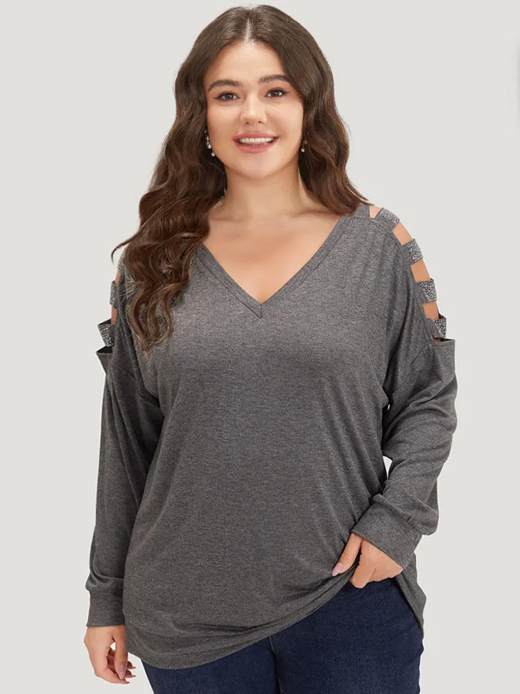 Rhinestone Detail Hollow Out V Neck Long Sleeve T-shirt sold by Bloomchic product image thumbnail 2