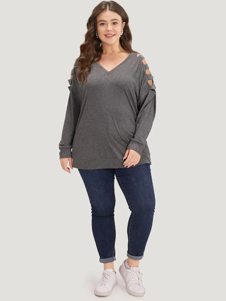 Rhinestone Detail Hollow Out V Neck Long Sleeve T-shirt sold by Bloomchic product image thumbnail 4