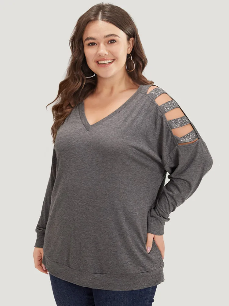 Rhinestone Detail Hollow Out V Neck Long Sleeve T-shirt sold by Bloomchic