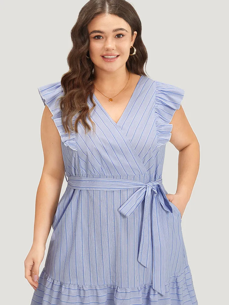 Striped Surplice Neck Belted Ruffle Cap Sleeve Dress sold by Bloomchic product image thumbnail 5