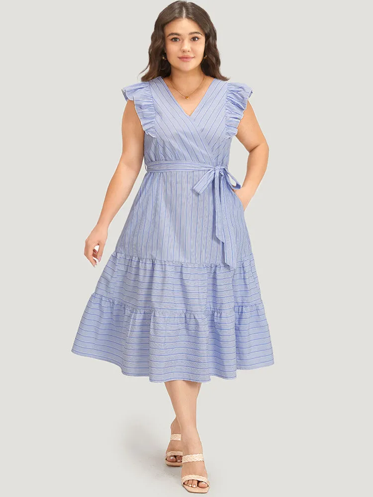 Striped Surplice Neck Belted Ruffle Cap Sleeve Dress sold by Bloomchic product image thumbnail 2