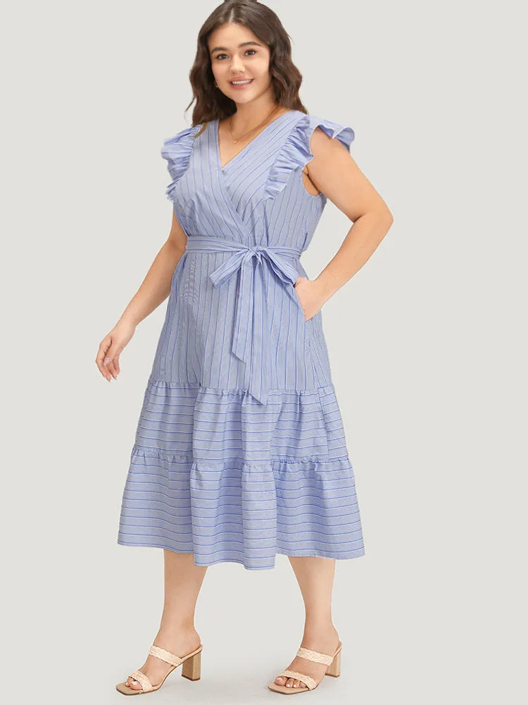 Striped Surplice Neck Belted Ruffle Cap Sleeve Dress sold by Bloomchic product image thumbnail 3