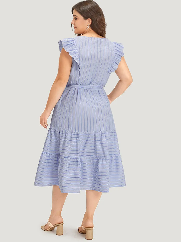 Striped Surplice Neck Belted Ruffle Cap Sleeve Dress sold by Bloomchic product image thumbnail 4