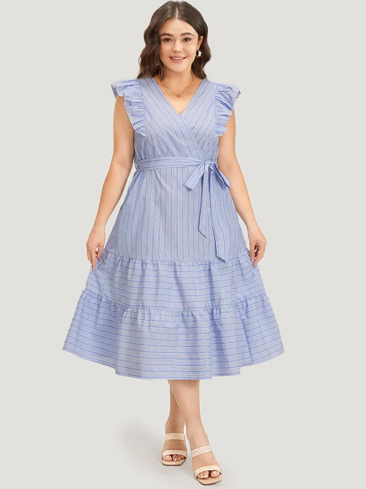 Striped Surplice Neck Belted Ruffle Cap Sleeve Dress sold by Bloomchic