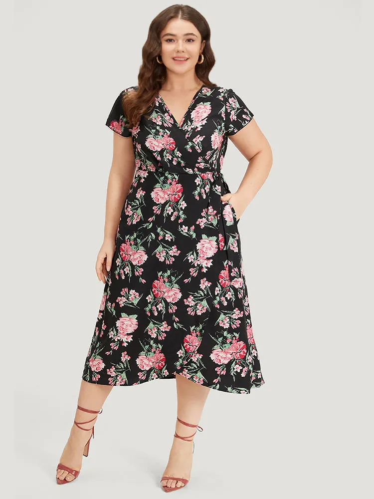 Floral Print Wrap Pocket Knot Asymmetrical Hem Dress sold by Bloomchic product image thumbnail 3