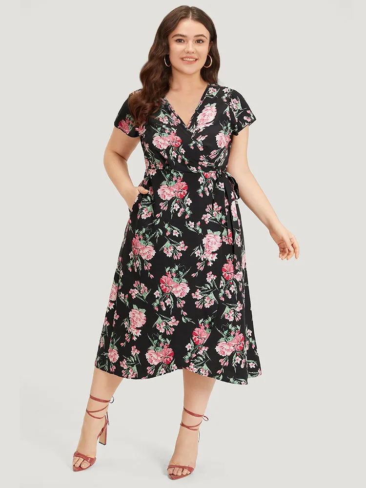 Floral Print Wrap Pocket Knot Asymmetrical Hem Dress sold by Bloomchic