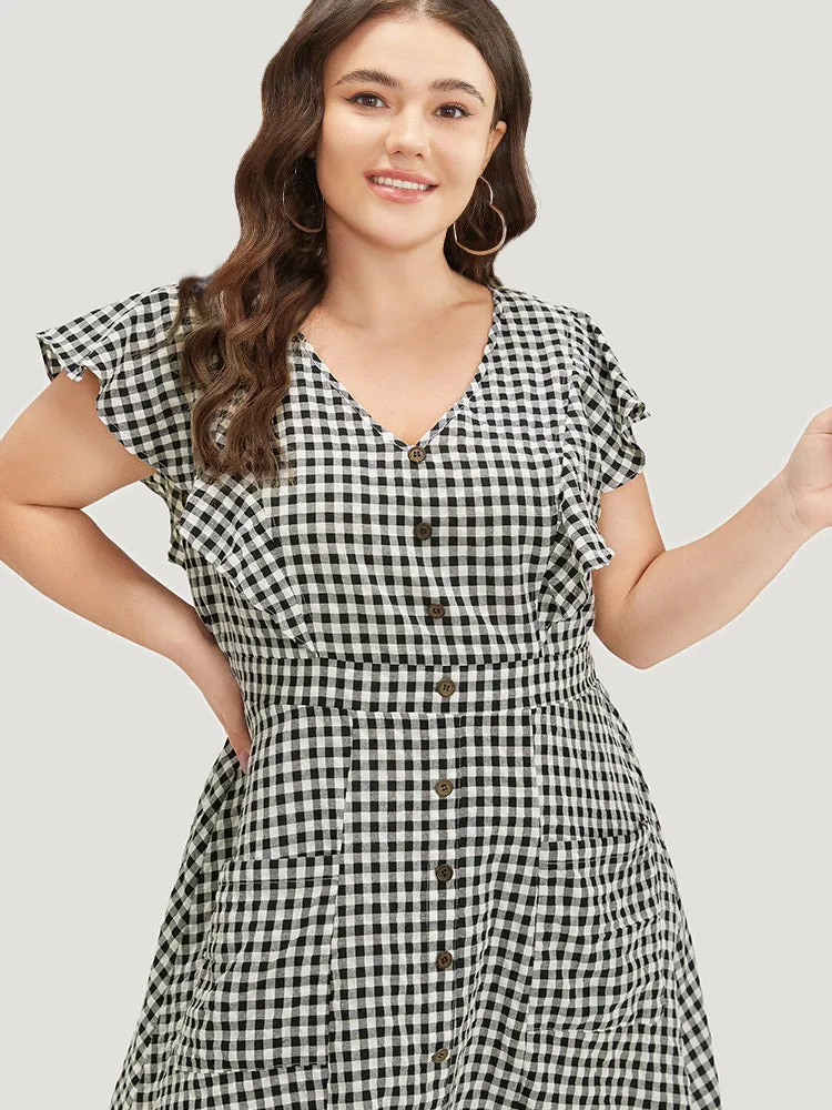 Gingham Button Detail Pocket Ruffle Cap Sleeve Dress sold by Bloomchic product image thumbnail 5