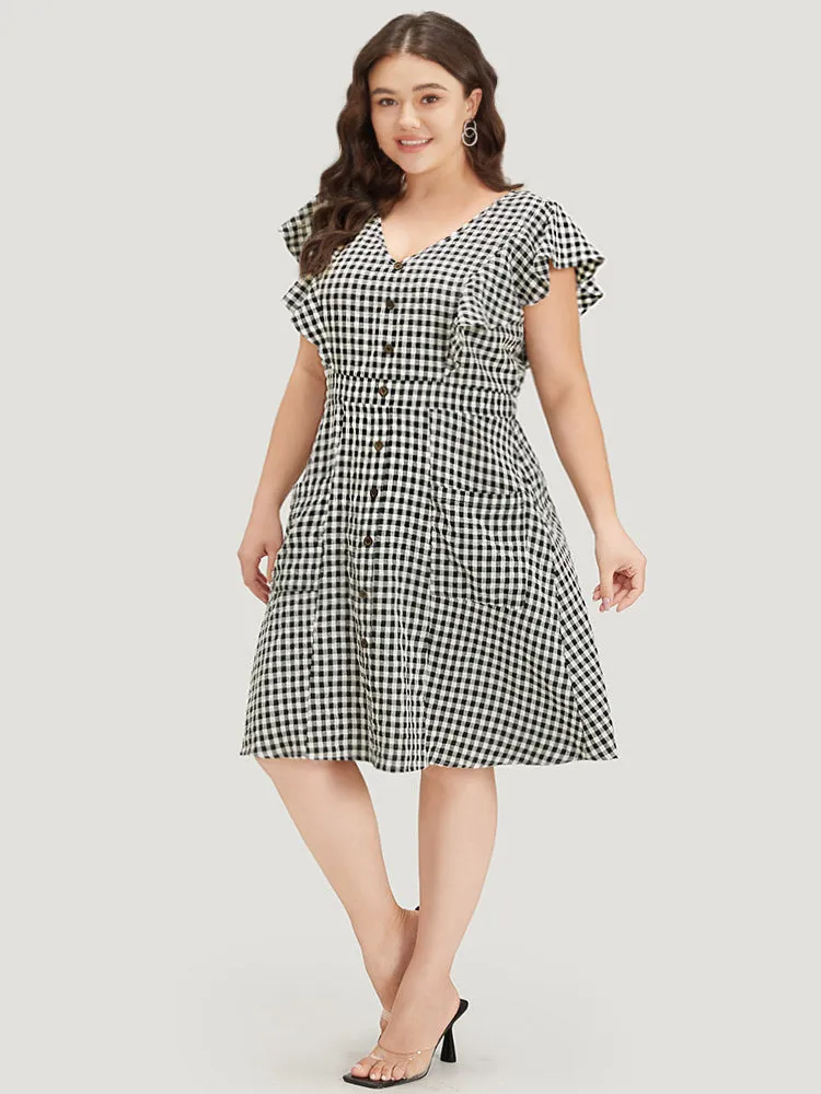 Gingham Button Detail Pocket Ruffle Cap Sleeve Dress sold by Bloomchic product image thumbnail 3