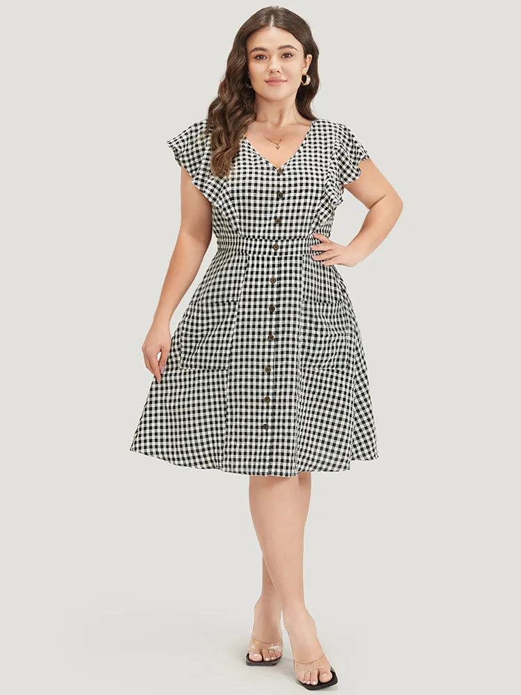 Gingham Button Detail Pocket Ruffle Cap Sleeve Dress sold by Bloomchic product image thumbnail 4