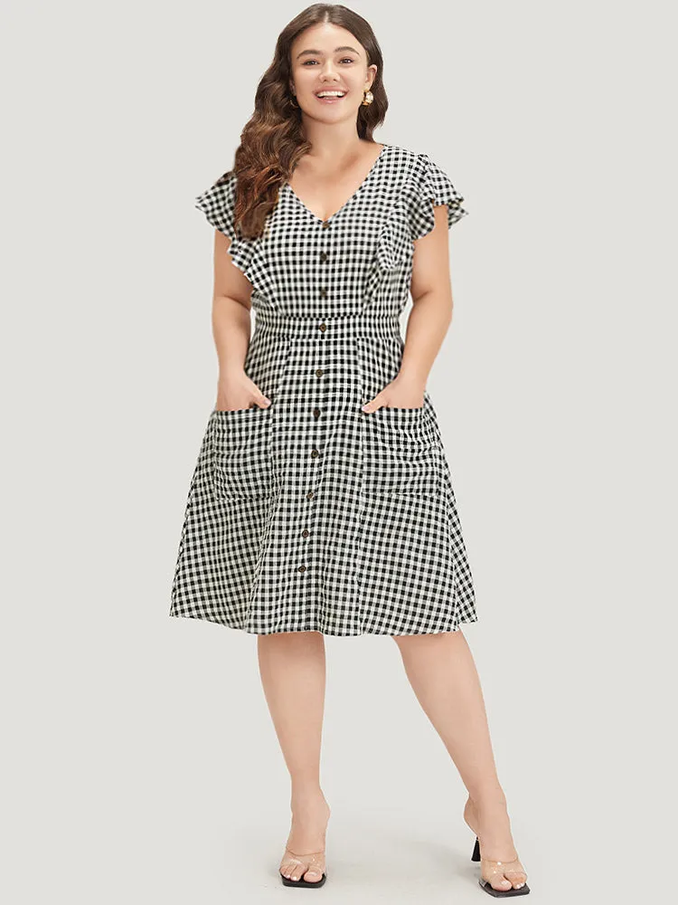 Gingham Button Detail Pocket Ruffle Cap Sleeve Dress sold by Bloomchic