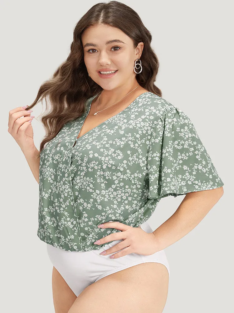 Ditsy Floral Overlap Collar Flutter Sleeve Bodysuit sold by Bloomchic product image thumbnail 3