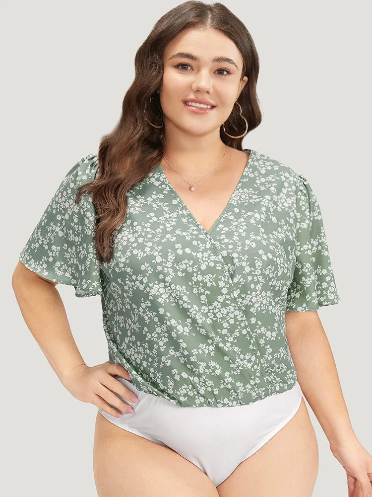 Ditsy Floral Overlap Collar Flutter Sleeve Bodysuit sold by Bloomchic