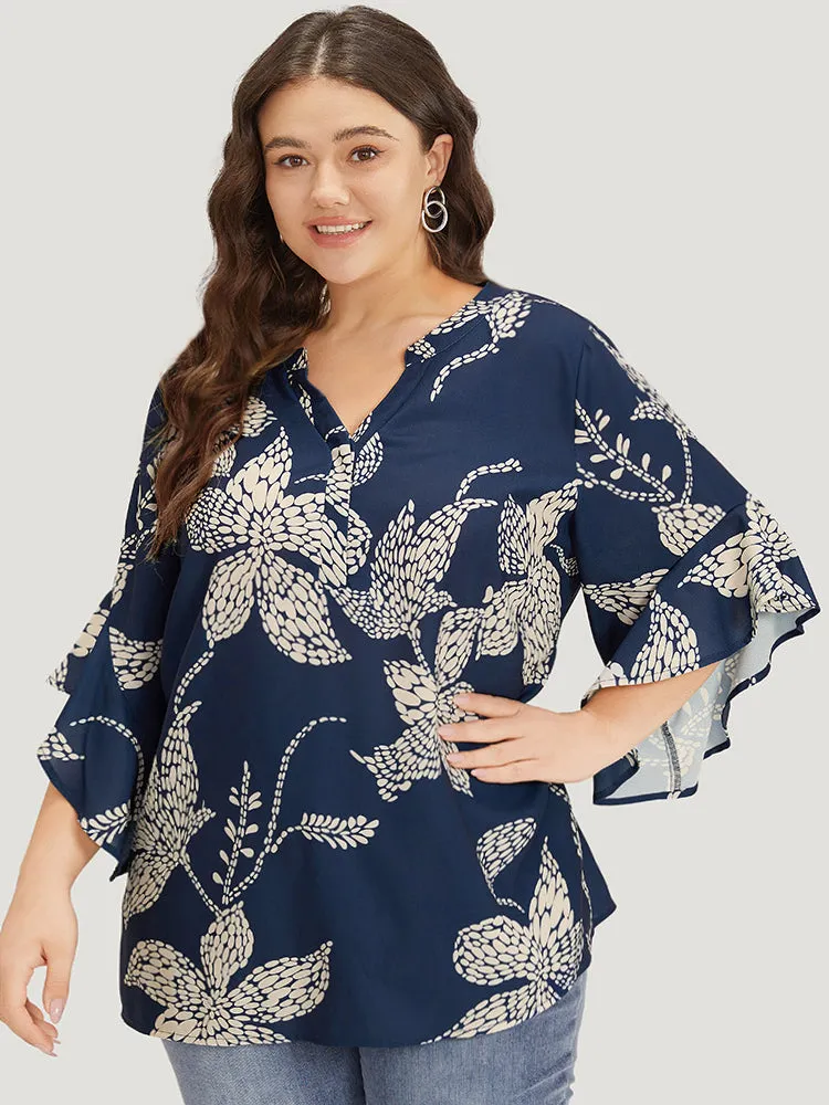 Silhouette Floral Print Bell Sleeve Ruffle Trim Blouse sold by Bloomchic