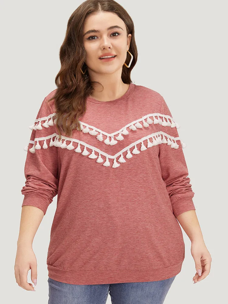 plain Heather Crew Neck Tassel Trim Sweatshirt sold by Bloomchic