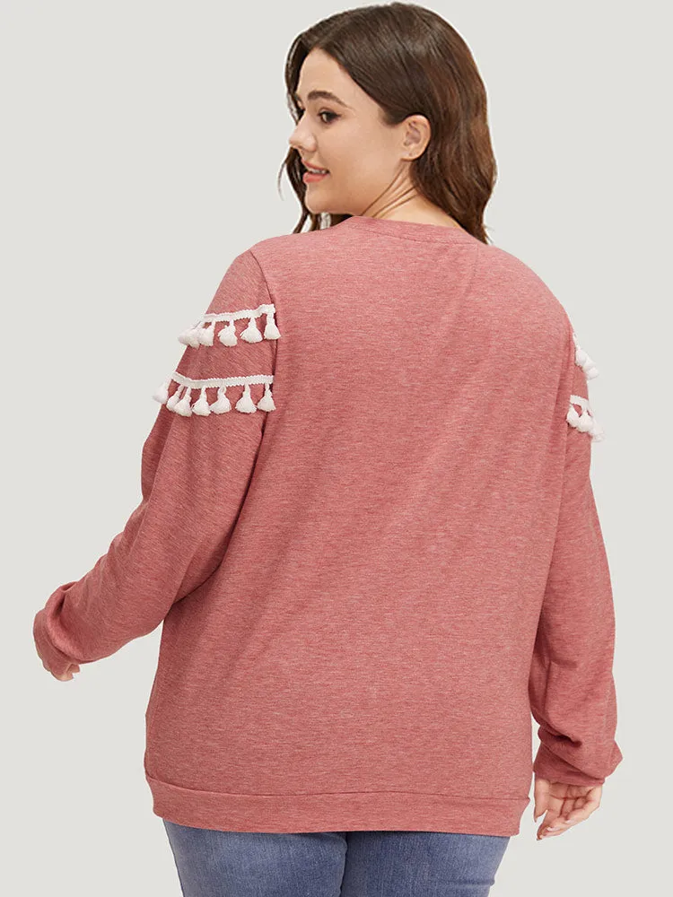 plain Heather Crew Neck Tassel Trim Sweatshirt sold by Bloomchic product image thumbnail 2