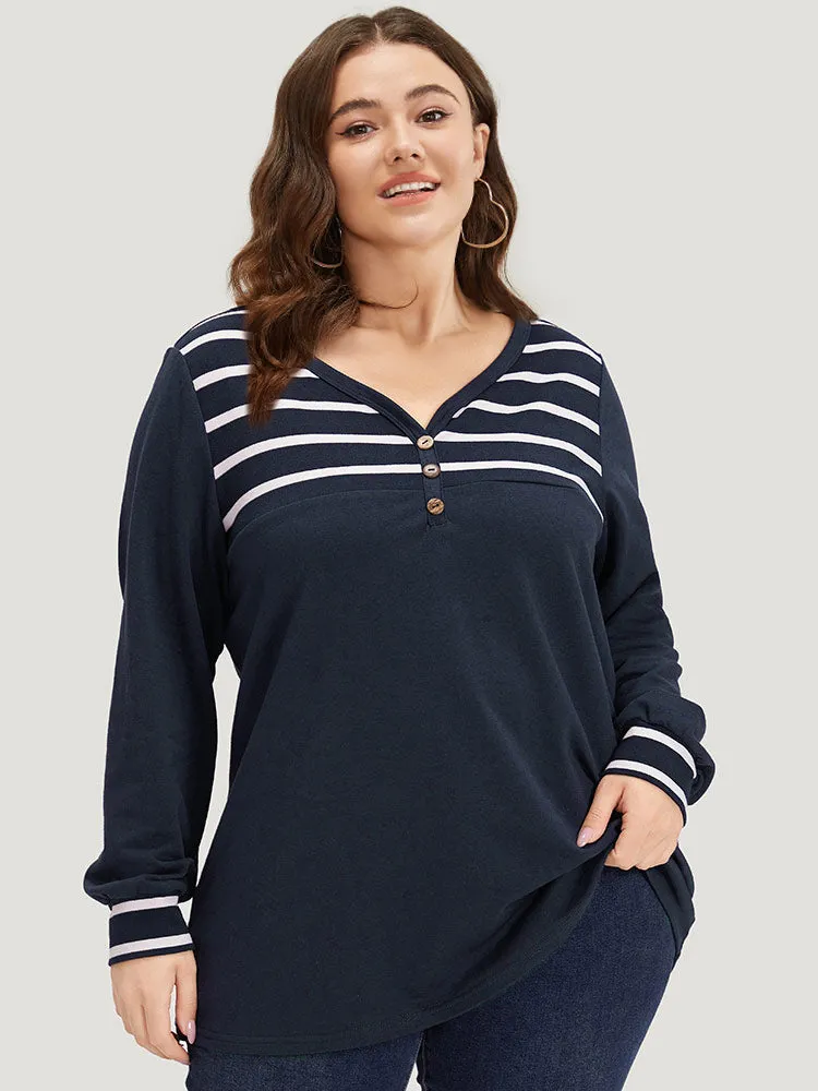 Striped Patchwork Button Detail Elastic Cuffs Sweatshirt sold by Bloomchic product image thumbnail 5