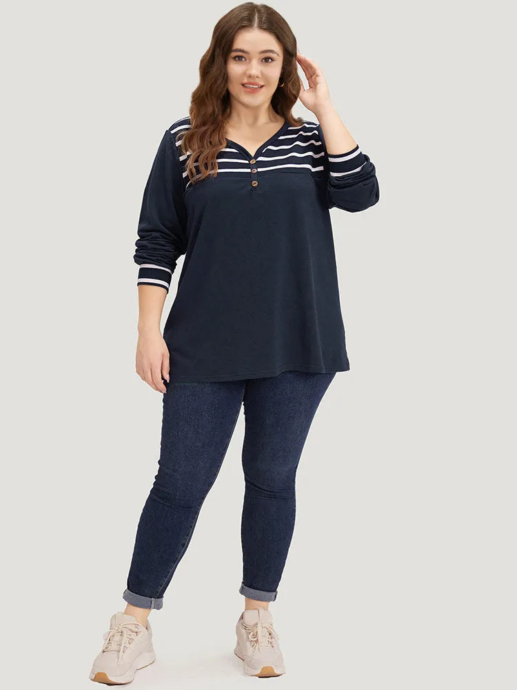 Striped Patchwork Button Detail Elastic Cuffs Sweatshirt sold by Bloomchic product image thumbnail 4