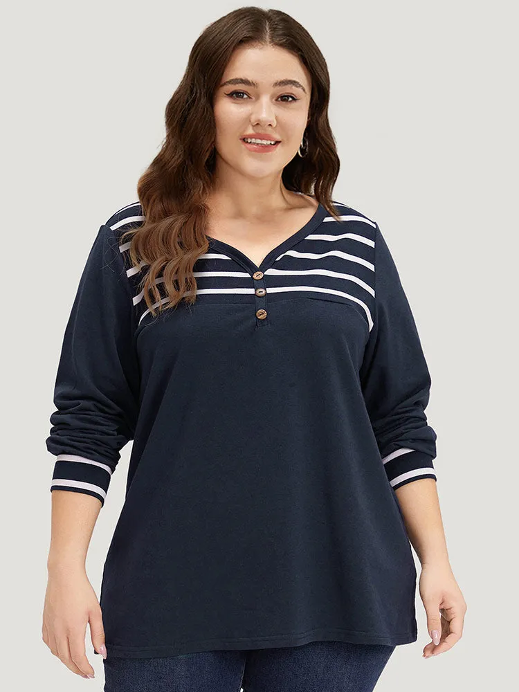 Striped Patchwork Button Detail Elastic Cuffs Sweatshirt sold by Bloomchic