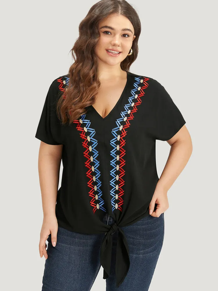 Contrast Embroidered Twist Front V Neck Blouse sold by Bloomchic product image thumbnail 2