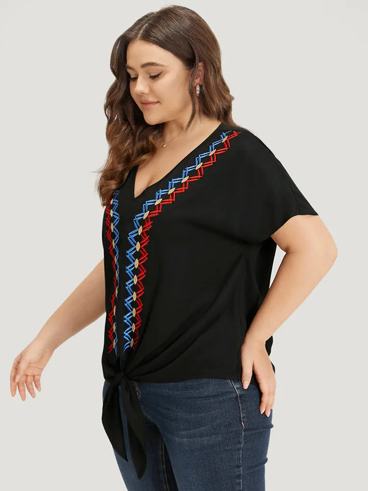 Contrast Embroidered Twist Front V Neck Blouse sold by Bloomchic product image thumbnail 3