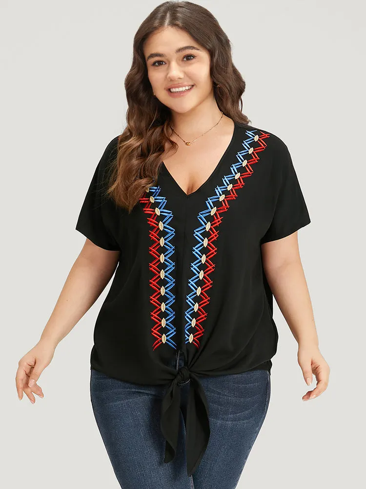Contrast Embroidered Twist Front V Neck Blouse sold by Bloomchic
