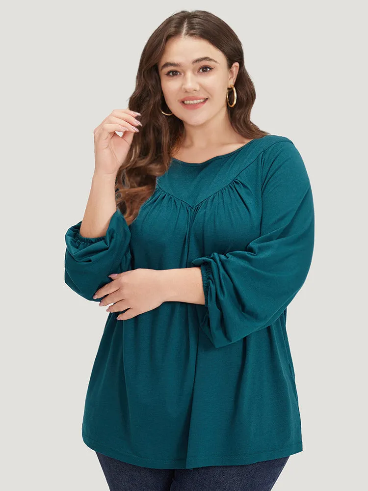 Plain Plicated Detail Round Neck Lantern Sleeve T-shirt sold by Bloomchic product image thumbnail 3