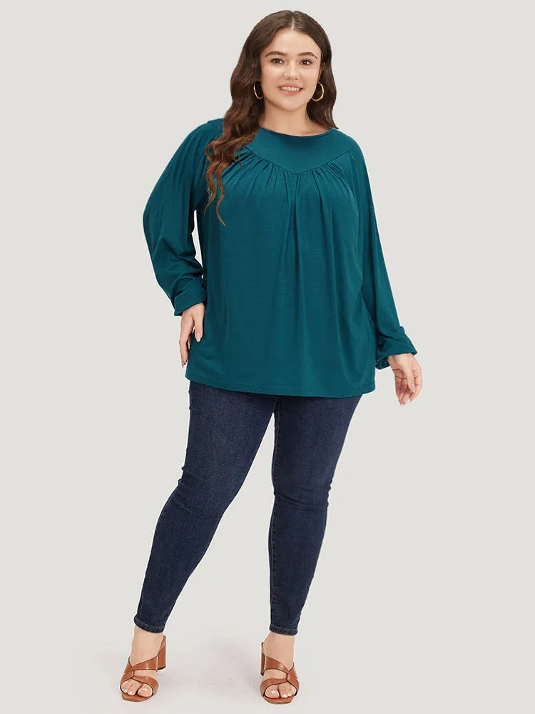 Plain Plicated Detail Round Neck Lantern Sleeve T-shirt sold by Bloomchic product image thumbnail 4