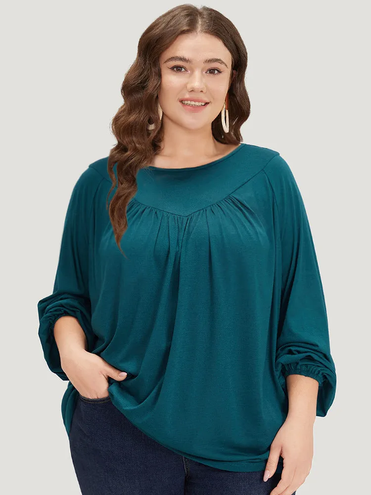 Plain Plicated Detail Round Neck Lantern Sleeve T-shirt sold by Bloomchic