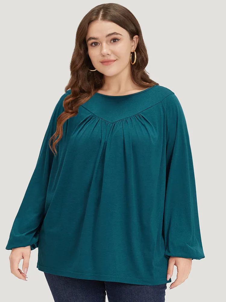 Plain Plicated Detail Round Neck Lantern Sleeve T-shirt sold by Bloomchic product image thumbnail 5