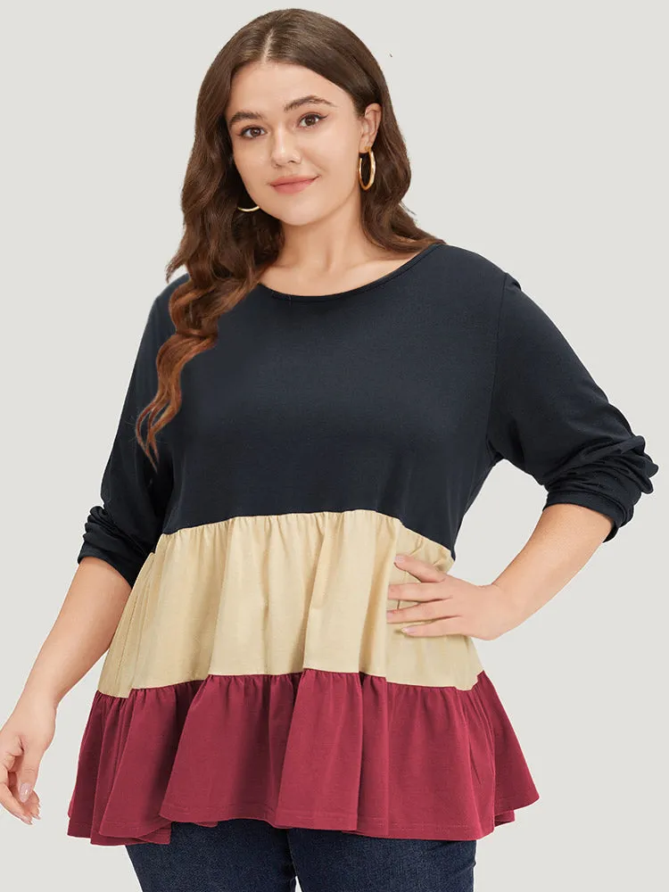 Colorblock Contrast Ruffle Layered Hem T-shirt sold by Bloomchic