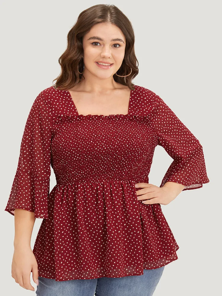 Leopard Print Frill Trim Shirred Mesh Square Neck Blouse sold by Bloomchic