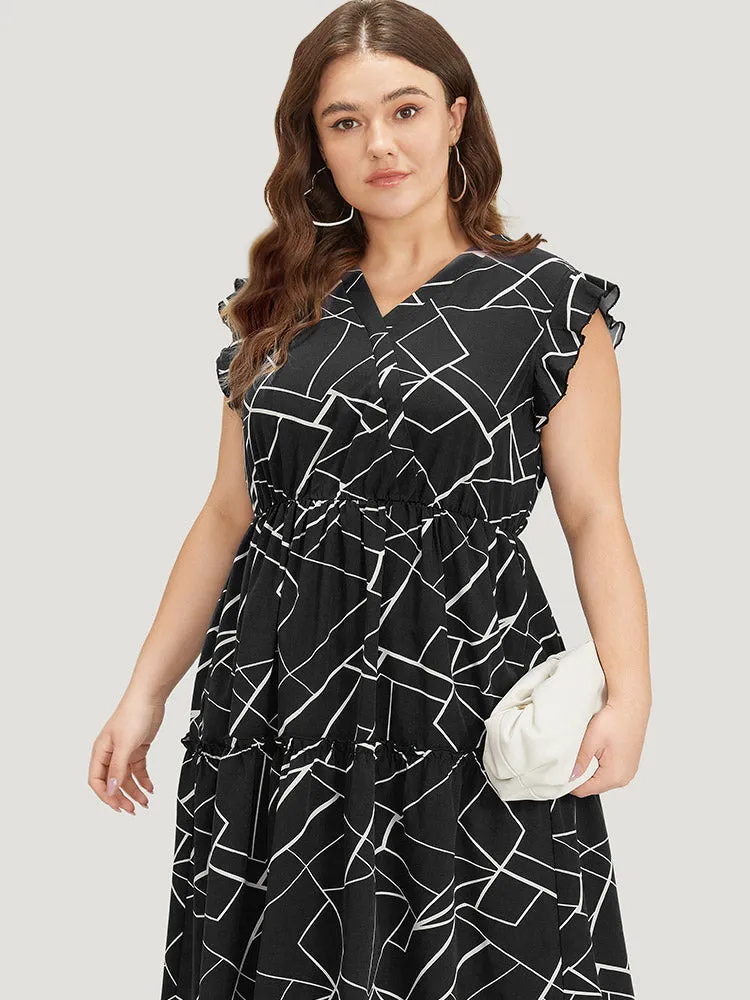 Geometric Print Ruffle Cap Sleeve Wrap Layered Hem Dress sold by Bloomchic product image thumbnail 5