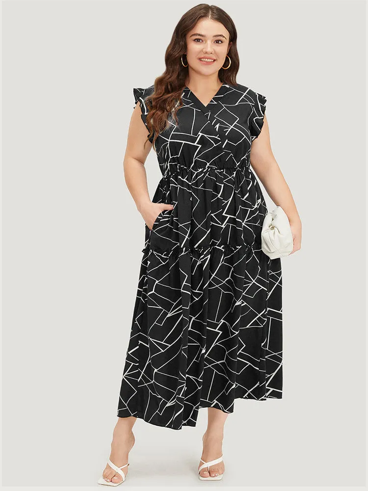 Geometric Print Ruffle Cap Sleeve Wrap Layered Hem Dress sold by Bloomchic product image thumbnail 2