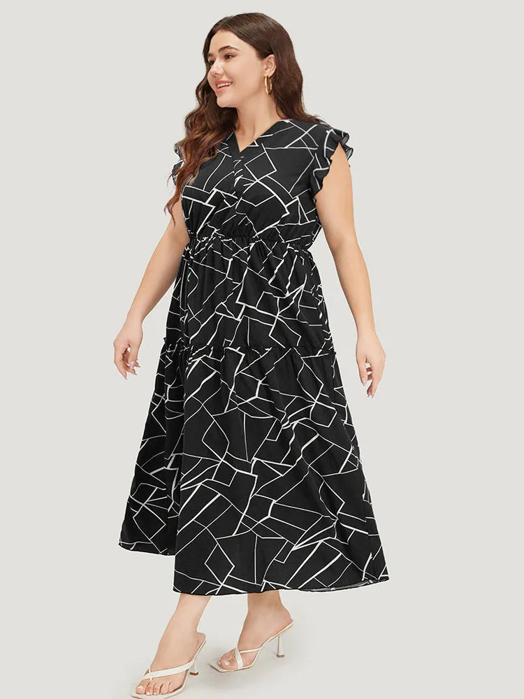 Geometric Print Ruffle Cap Sleeve Wrap Layered Hem Dress sold by Bloomchic product image thumbnail 3
