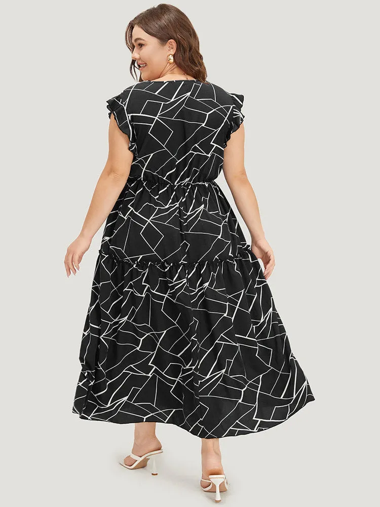 Geometric Print Ruffle Cap Sleeve Wrap Layered Hem Dress sold by Bloomchic product image thumbnail 4