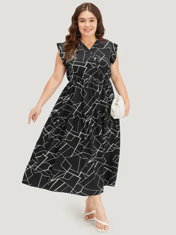 Geometric Print Ruffle Cap Sleeve Wrap Layered Hem Dress sold by Bloomchic