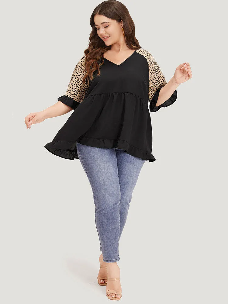 Leopard Print Raglan Sleeve Gathered Ruffle Trim Blouse sold by Bloomchic product image thumbnail 3