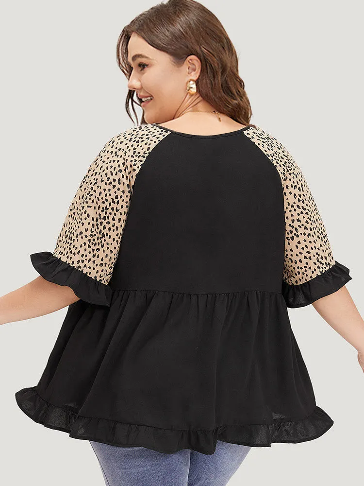 Leopard Print Raglan Sleeve Gathered Ruffle Trim Blouse sold by Bloomchic product image thumbnail 4